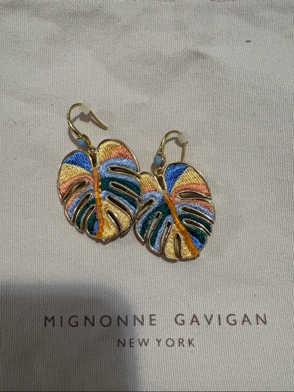 Mignonne Gavigan Gold Multicolor Embroidered Monstera Leaf Earrings